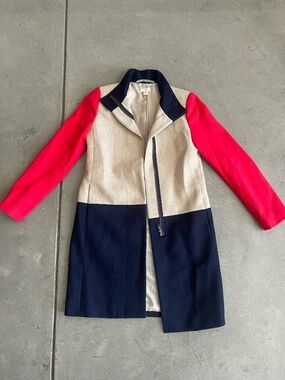 J Crew Full Zip Mid-length Funnelneck Coat, Blue/Beige/Orange Size 00